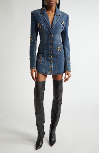 Area Crystal Button Studded Long Sleeve Denim Blazer Area Crystal Button Studded Long Sleeve Denim Blazer