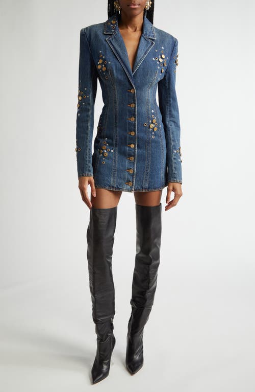 Shop Area Crystal Button Studded Long Sleeve Denim Blazer Minidress In Dark Blue