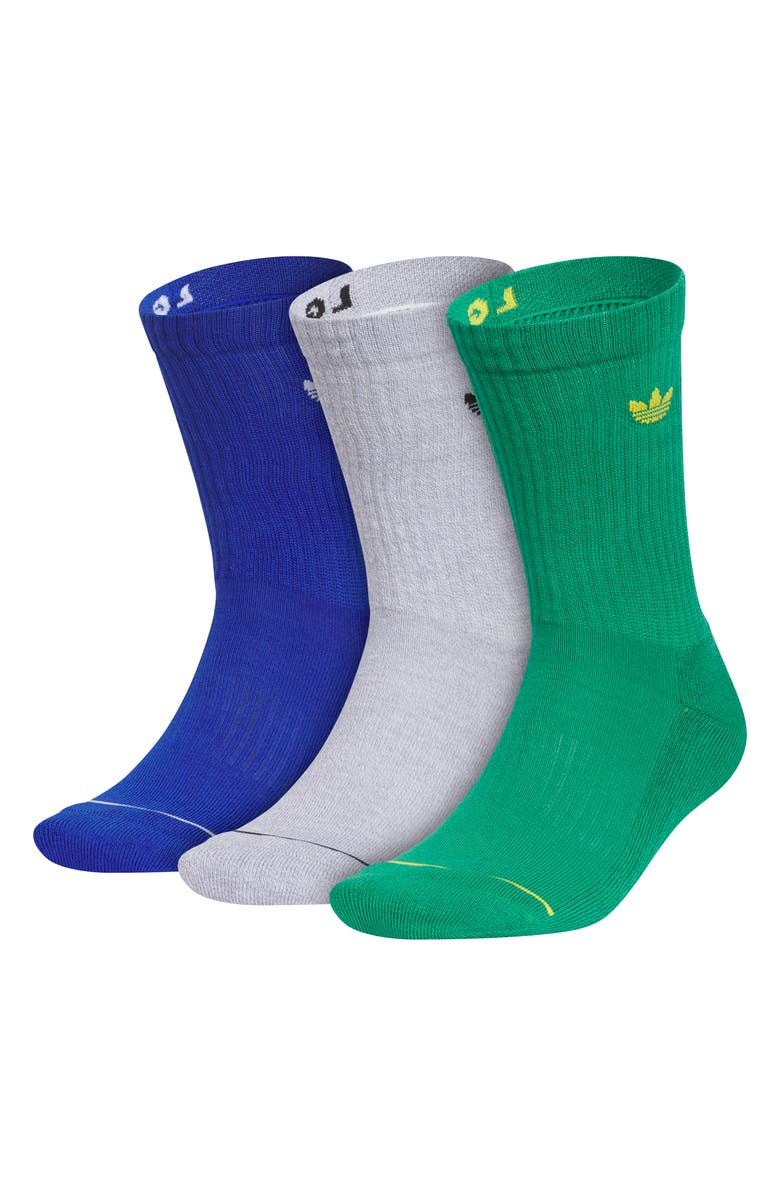 adidas Gender Inclusive Originals Trefoil 3-Pack Rib Crew Socks, Main, color, Royal Blue/ White Grey/ Green