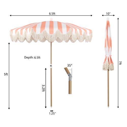 Jonathan Y Mariner 6.5 Ft. Classic Cottage Fringe Tassel Market Beach Umbrella With Push Button Tilt In Orange