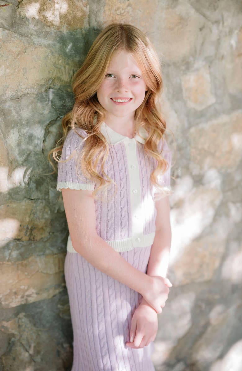 Hope & Henry Kids' Organic Short Sleeve Collared Button Front Sweater Dress, Alternate, color, Lavender Heather