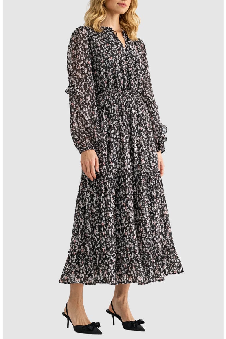 Floral Print Tie Neck Long Sleeve Maxi Dress, Alternate, color, BLACK/ PINK MULTI