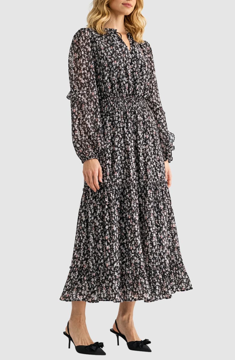 Mila Mae Floral Print Tie Neck Long Sleeve Maxi Dress, Alternate, color, Black/ Pink Multi