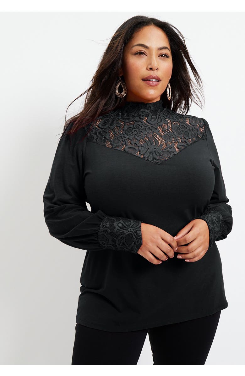 June + Vie Lace Yoke Mockneck Top, Alternate, color, Classic Red