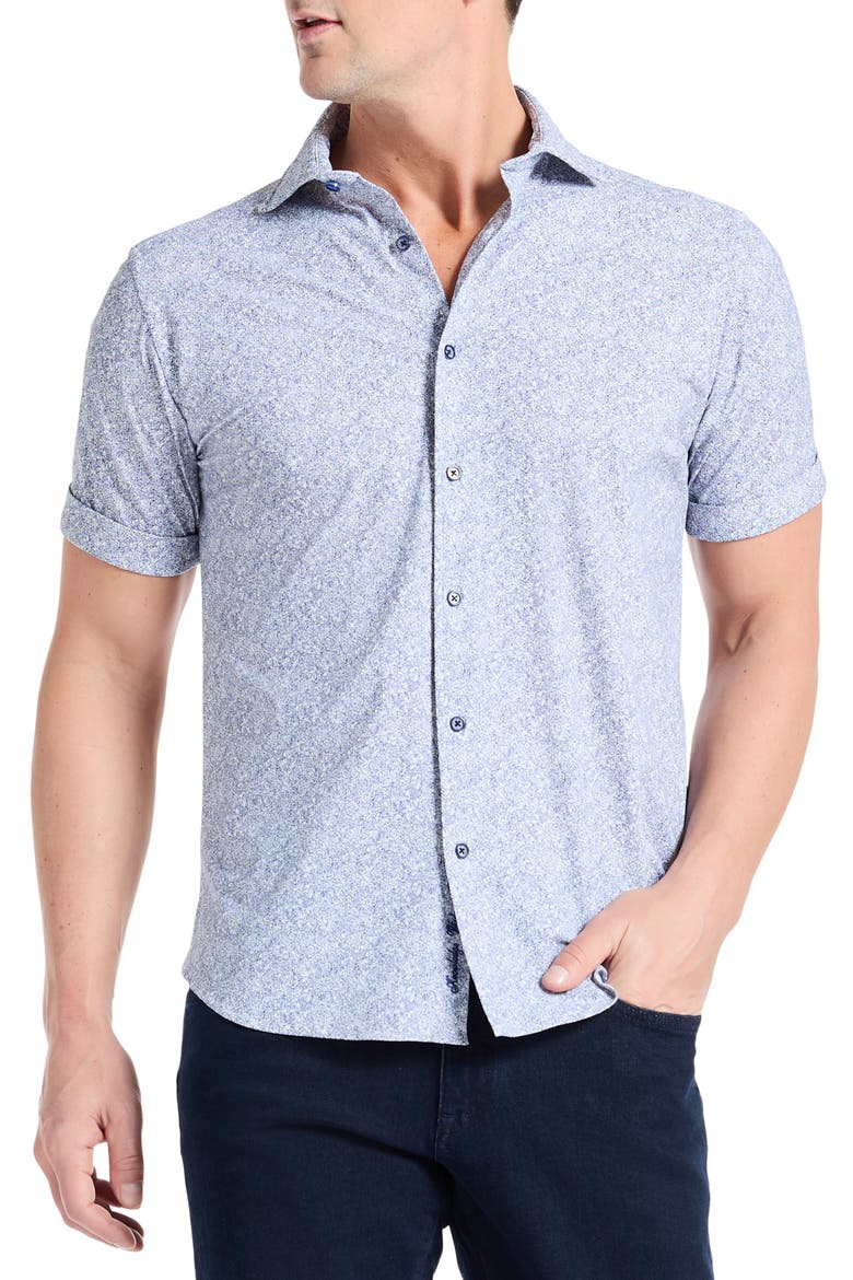Scrawl Knit Short Sleeve Button-Up Shirt, Alternate, color, NAVY