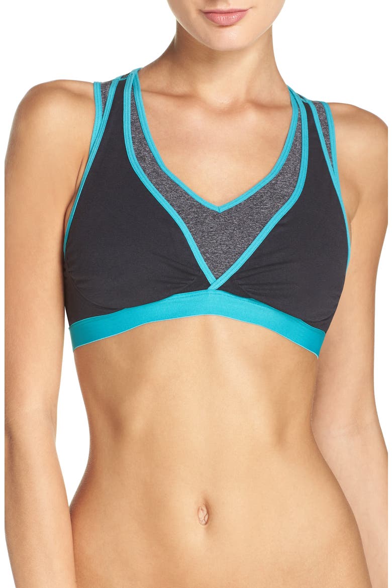 Lotus Hands Free Pumping/Yoga Bra, Main, color, BLACK/ TEAL