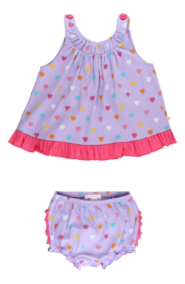 RuffleButts Kids
 Heart Print Cotton Ruffle Swing Top and Bloomer Set, Main, color, Purple