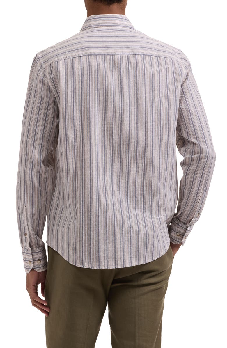 Bugatchi Julian Shaped Fit Stripe Cotton & Linen Button-Up Shirt, Alternate, color, Camel