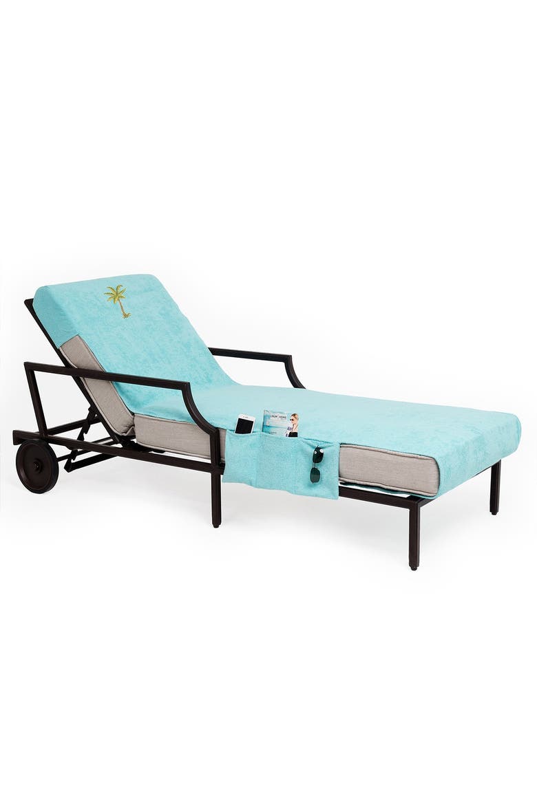 100% Turkish Cotton Palm Tree Embroidered Standard Size Chaise Lounge Cover With Side Pockets - Aqua, Alternate, color, AQUA