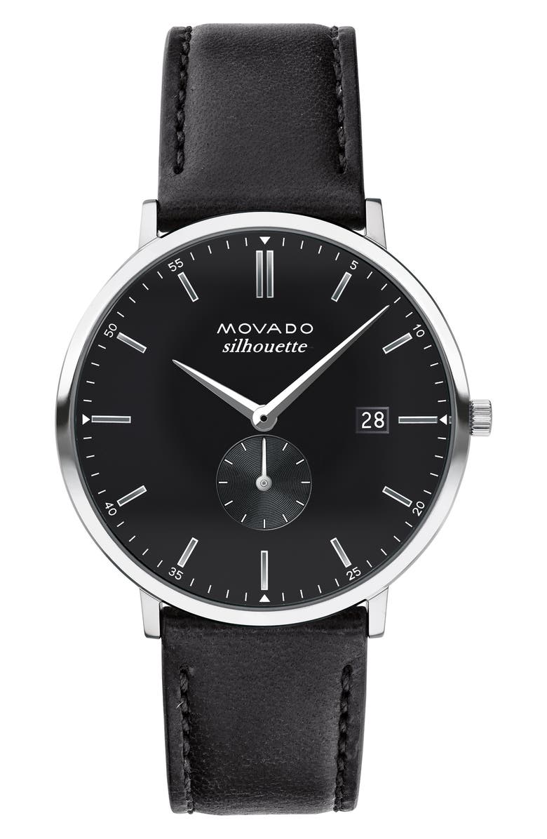 Movado Heritage Leather Strap Watch, 40mm, Main, color, Black