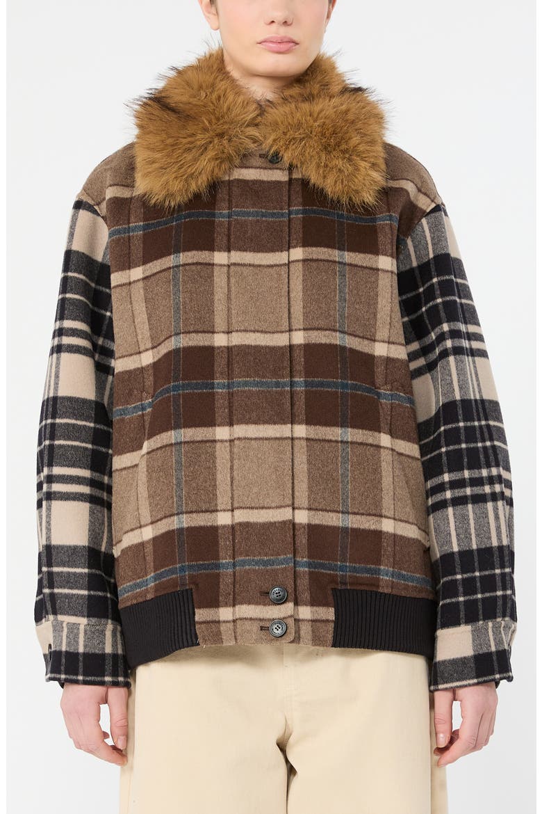 Divina Virgin Wool Short Jacket with Faux Fur Collar, Main, color, BROWN