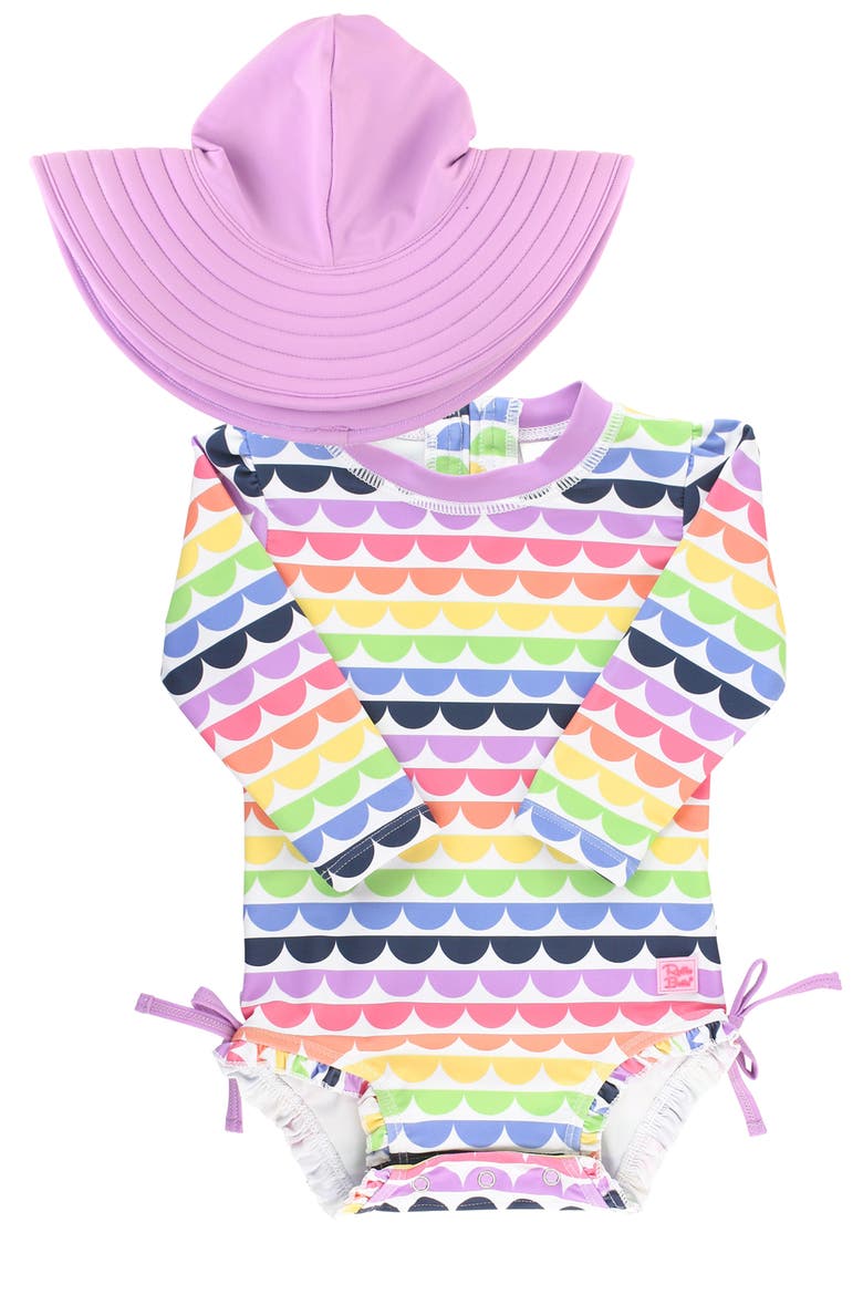 Rainbow Scallop One-Piece Rashguard Swimsuit & Hat Set, Main, color, PURPLE