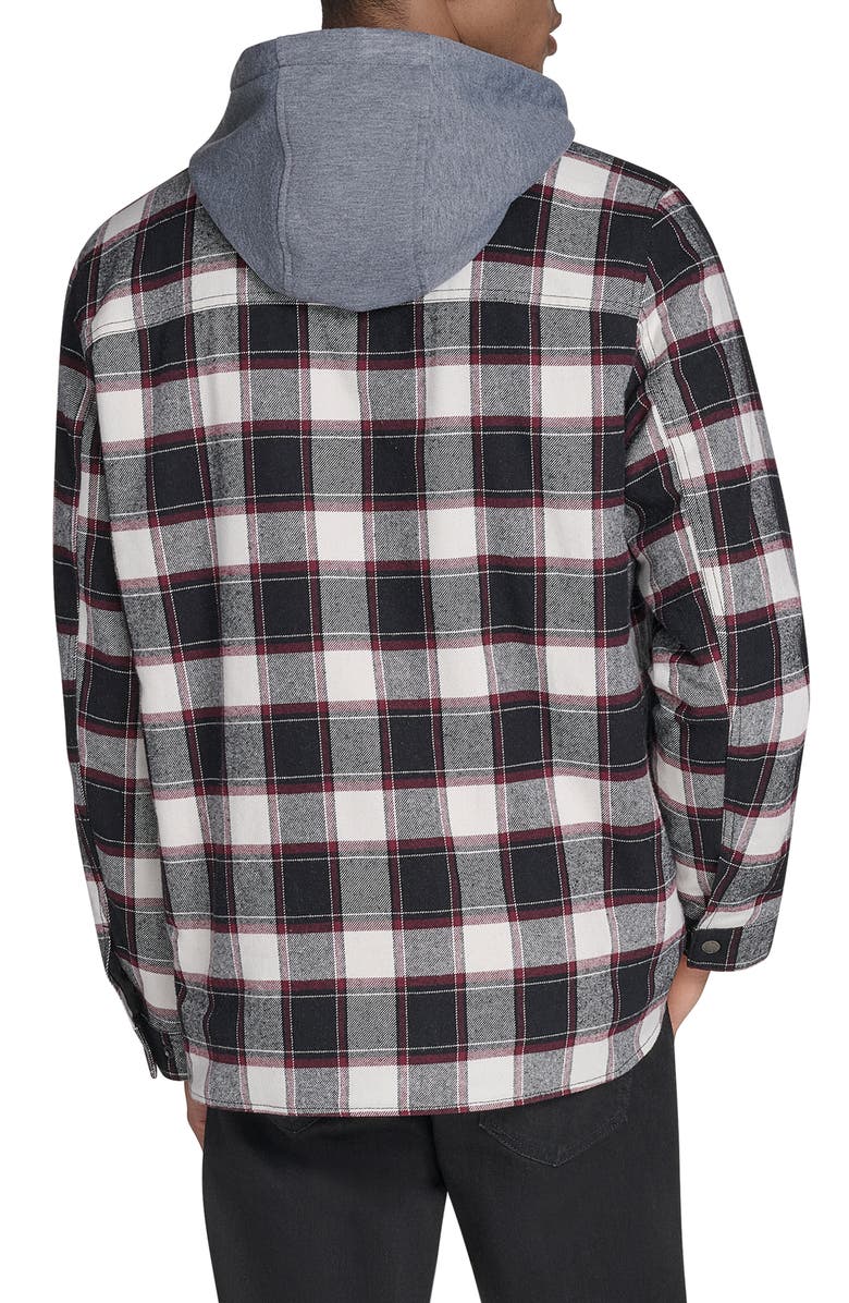 Levi's Plaid Faux Shearling Lined Jersey Hood Shirt Jacket, Alternate, color, Black/ Grey/ Bordeaux