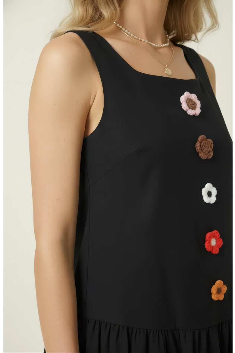 Sleeveless Mini Dress with Floral Applique and Bubble Hem, Alternate, color, Black