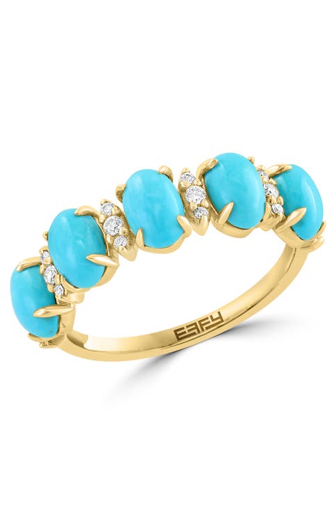 14K Yellow Gold Alternating Diamond & Turquoise Cabochon Band Ring