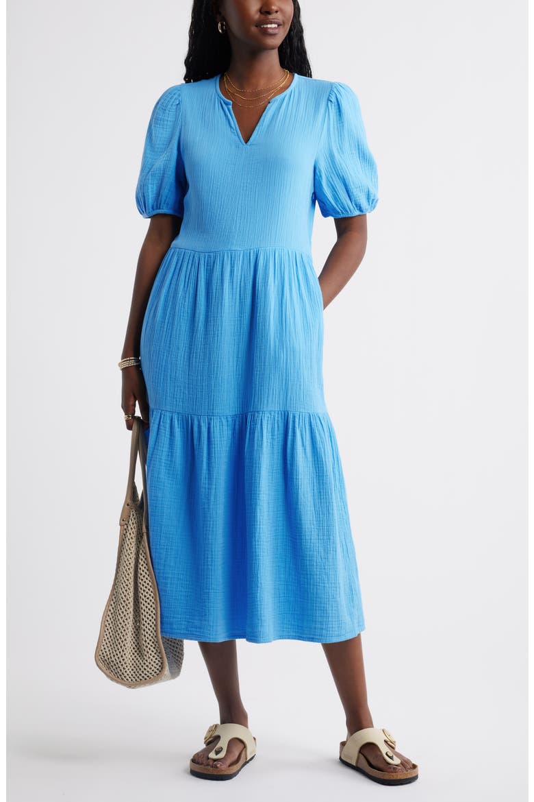 Puff Sleeve Tiered Cotton Gauze Midi Dress, Alternate, color, BLUE MAYA