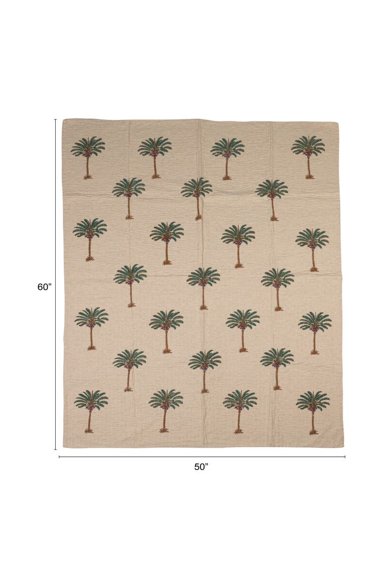 Cotton Linen Blend Block Printed Throw with Palm Trees and Kantha Stitch, Natural, Green and Brown, Alternate, color, Natural