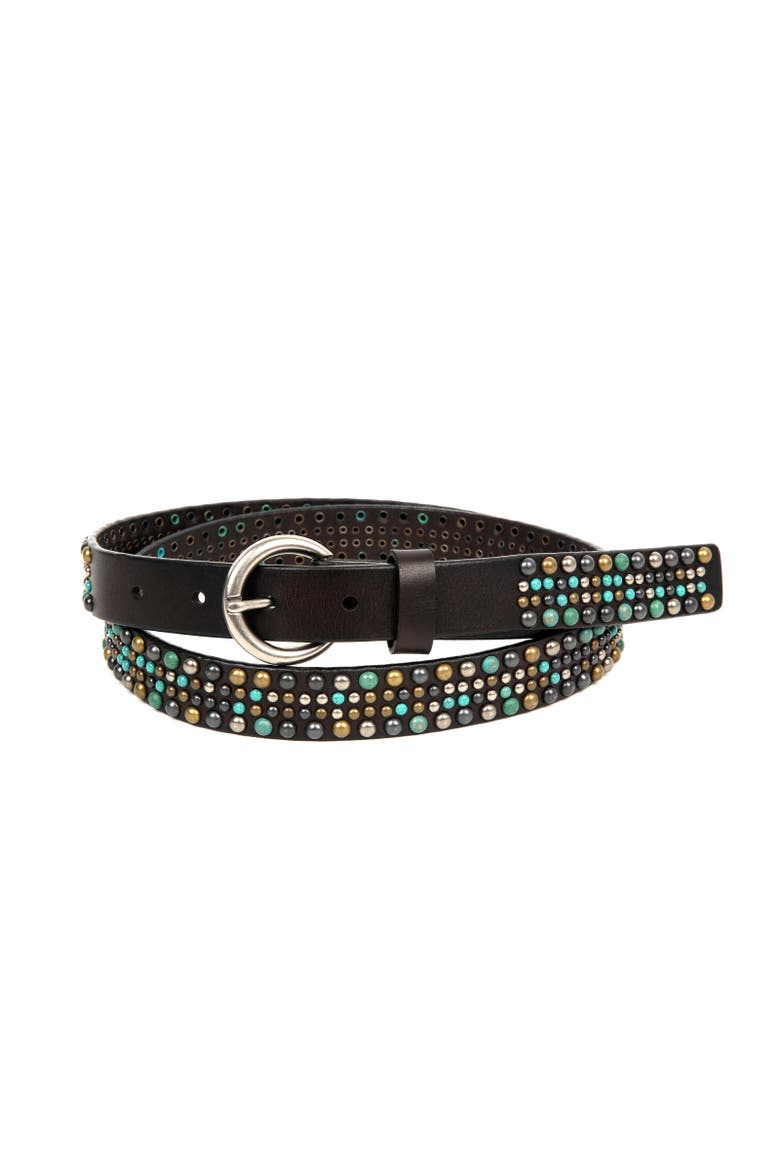 Amazonite Genuine Leather Studded Stitched Detail Belt, Main, color, Coffee