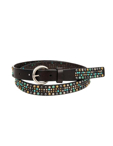 Amazonite Genuine Leather Studded Stitched Detail Belt