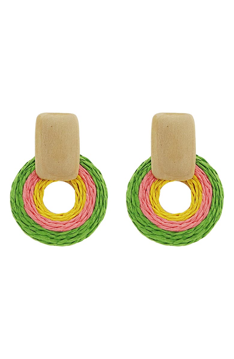 Panacea Wood & Raffia Frontal Hoop Earrings, Main, color, 
