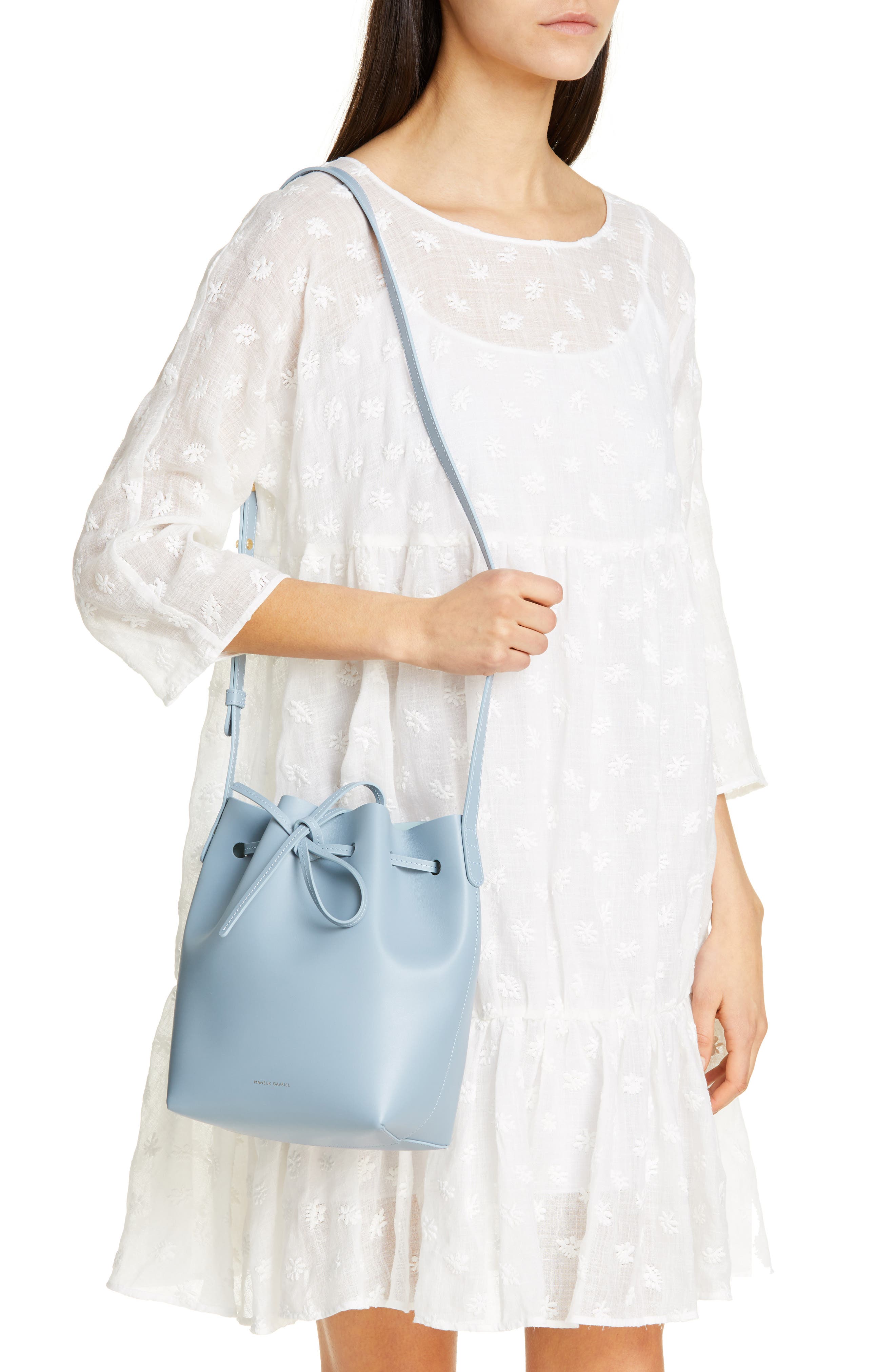 Mini Leather Bucket Bag, Alternate, color, GREY BLUE