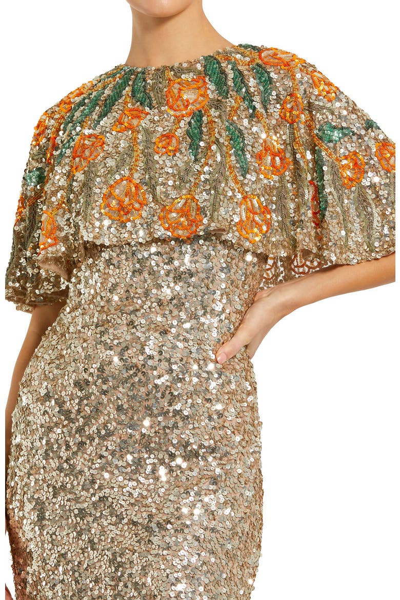 Embellished Floral Beaded And Sequin Cape Gown, Alternate, color, Gold Multi