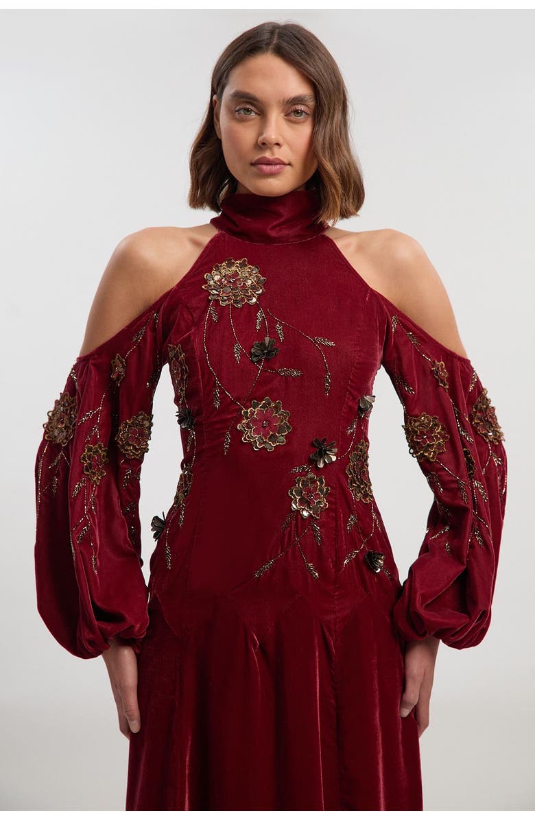 Karen Millen Velvet Embroidered High Neck Maxi Dress, Alternate, color, Rust