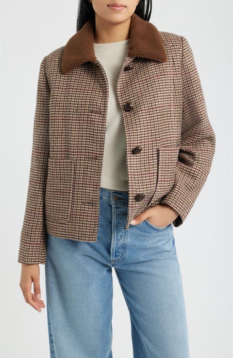 Houndstooth Jacket with Faux Shearling Collar