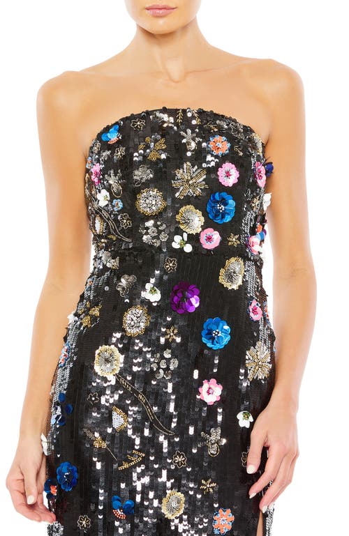 Mac Duggal Floral Sequined Strapless Column Gown In Black Multi