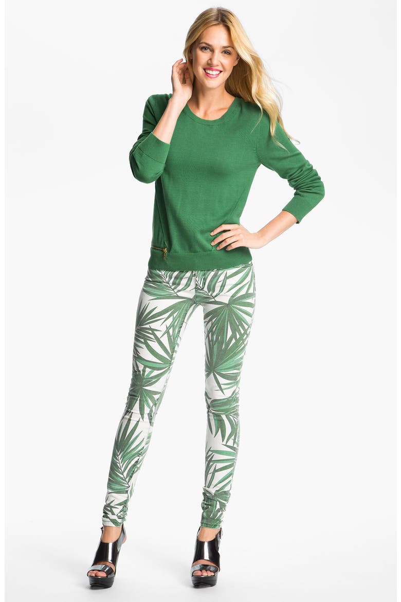 'Tropical Palm' Skinny Jeans, Alternate, color, KELLY GREEN