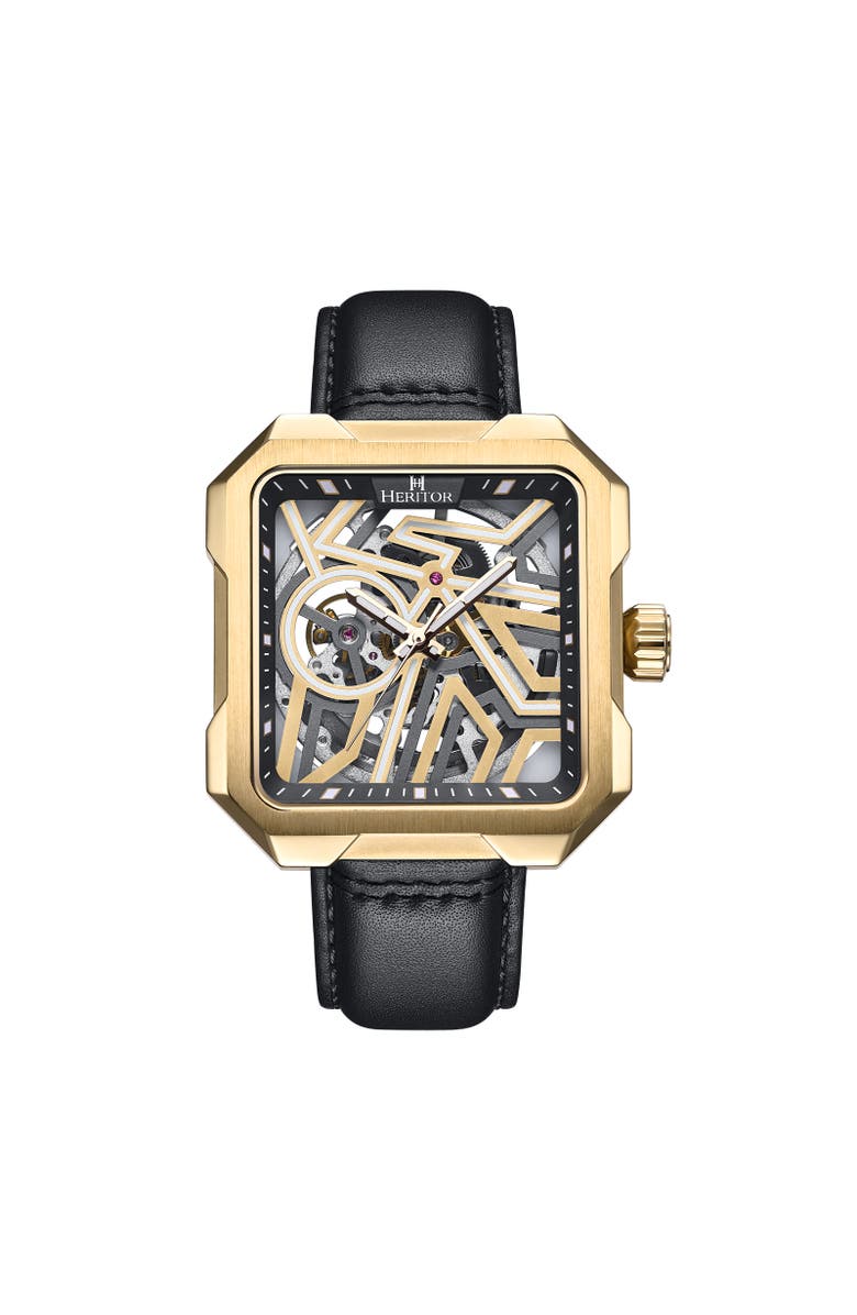 Heritor Automatic Campbell Leather-Band Skeleton Watch, Main, color, Gold