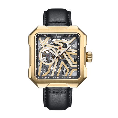 Heritor Automatic Campbell Leather-Band Skeleton Watch in Gold at Nordstrom