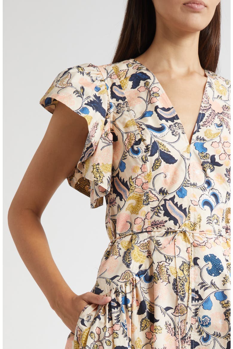 Darya Paisley Floral Flutter Sleeve Cotton Dress, Alternate, color, MAGNOLIA