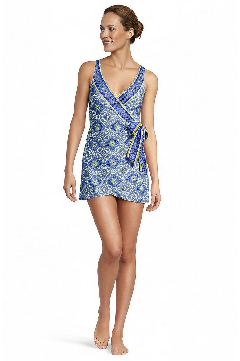 Side Tie Mini Swim Dress Swimsuit, Alternate, color, Seashell Geo/Navy Border