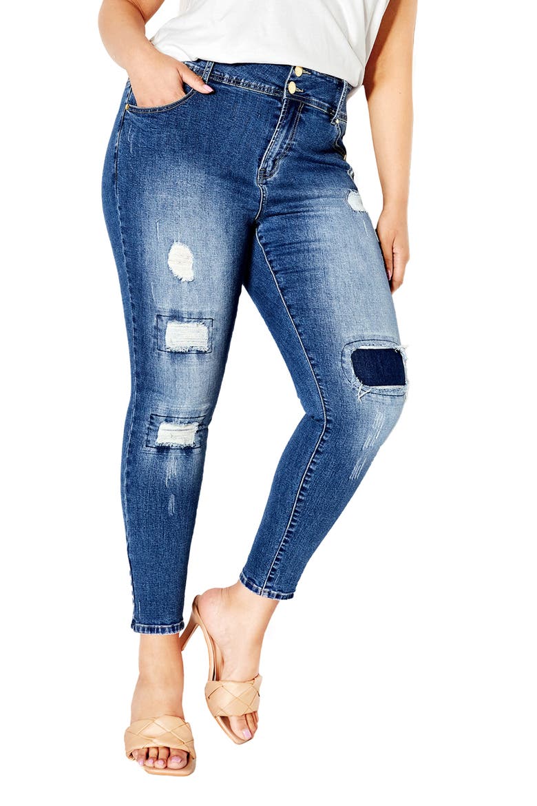 Patched Apple Skinny Jeans, Main, color, DENIM MID