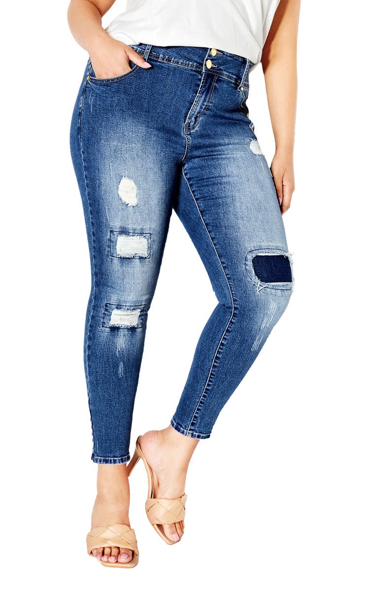 City Chic Patched Apple Skinny Jeans, Main, color, Denim Mid