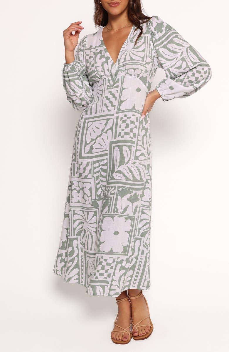 Petal & Pup Kolby Mixed Print Long Sleeve Maxi Dress, Main, color, Sage Print