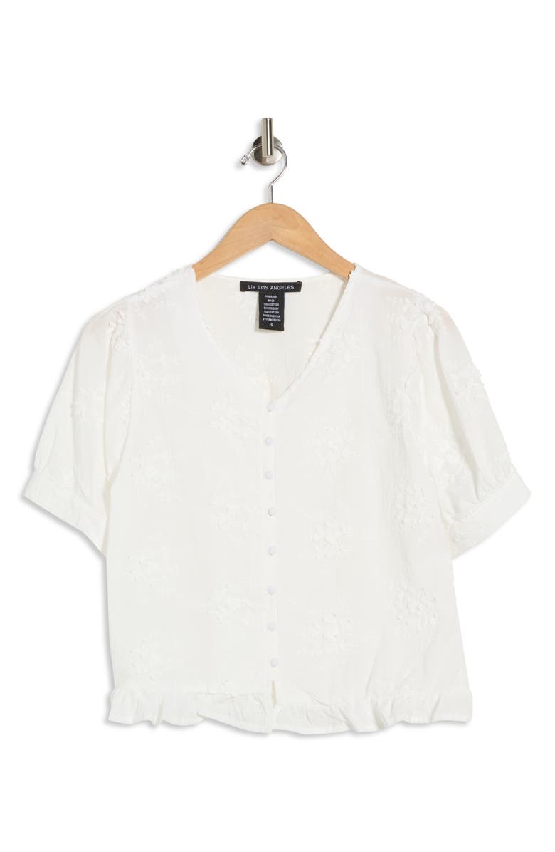 Forgotten Grace Eyelet Short Sleeve Button-Up Crop Top, Main, color, White