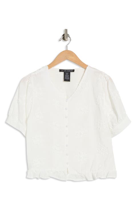 Eyelet Short Sleeve Button-Up Crop Top