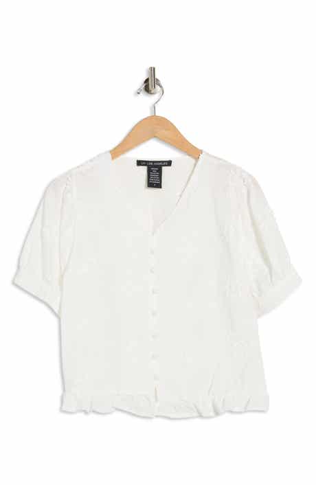 Forgotten Grace Eyelet Short Sleeve Button-Up Crop Top