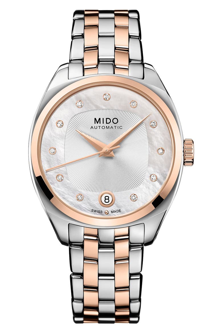 Belluna Royal Lady Mother-of-Pearl & Diamond Automatic Two-Tone Bracelet Watch, 33mm, Main, color, SILVER
