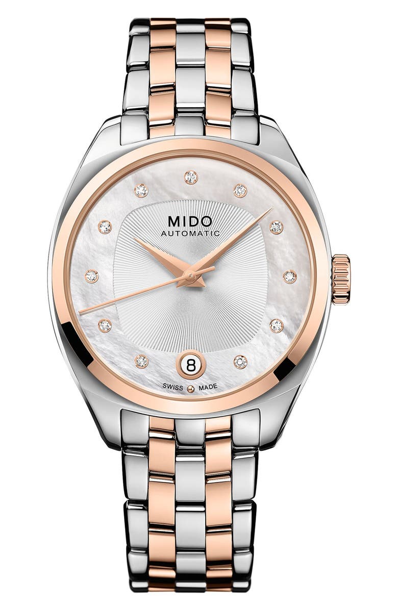 MIDO Belluna Royal Lady Mother-of-Pearl & Diamond Automatic Two-Tone Bracelet Watch, 33mm, Main, color, Silver