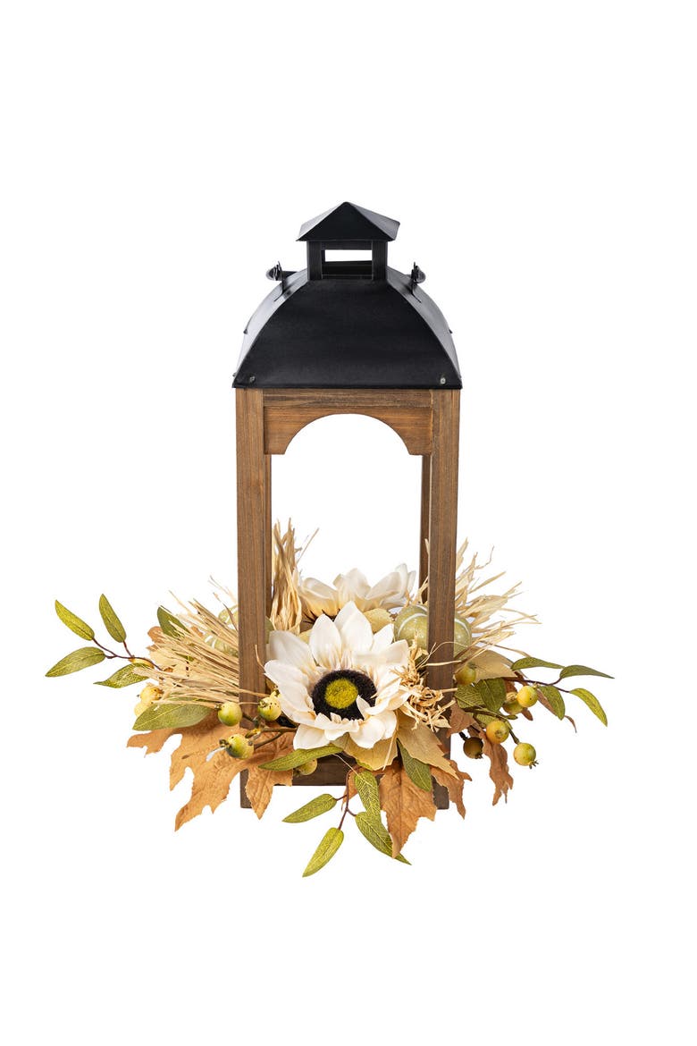 Fall Neutral Sunflower Pumpkin and Leaf Wood Lantern Centerpiece, Alternate, color, White