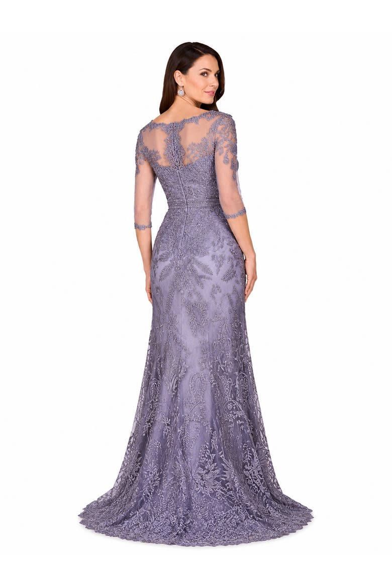 Beaded Faux-Wrap V-Neck Bridal Gown, Alternate, color, Grey Blue