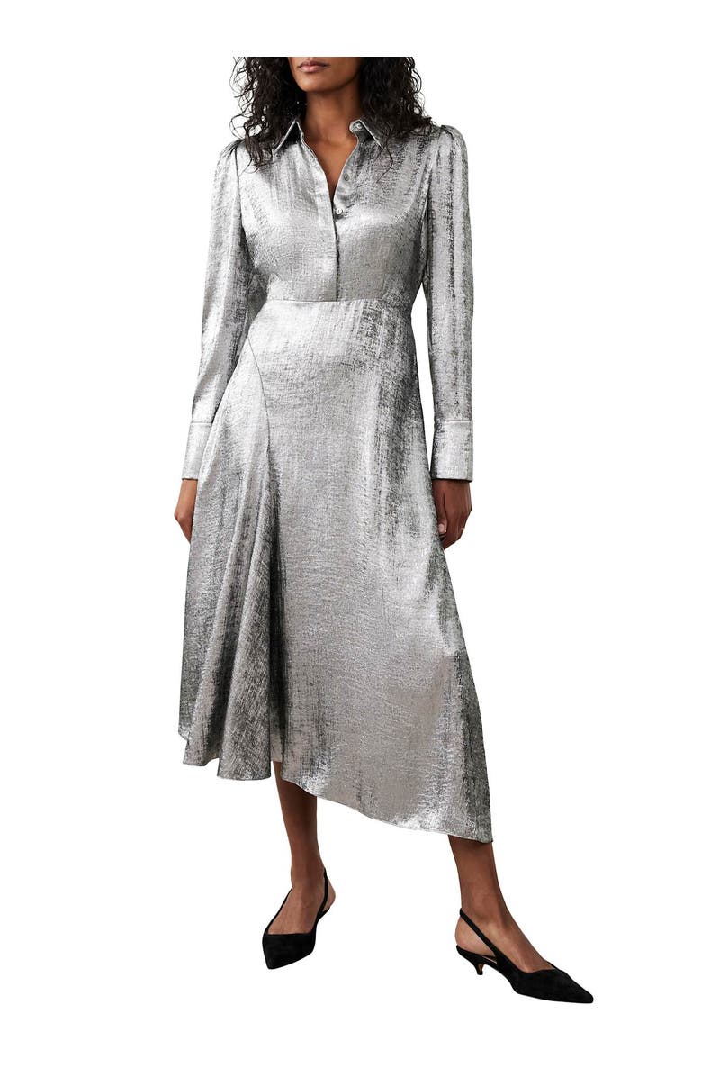 MINT VELVET Metallic Midi Shirt Dress, Main, color, Silver