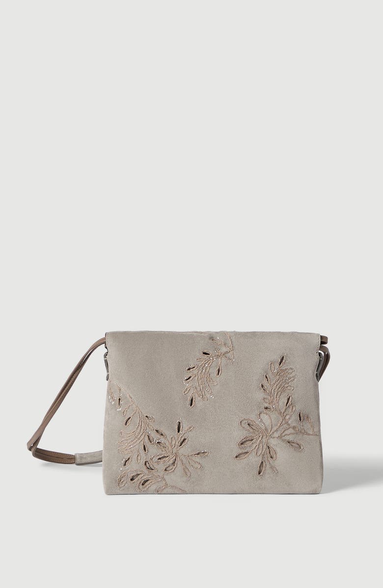 Brunello Cucinelli BC Duo pouch bag with broderie anglaise, Alternate, color, Light Grey