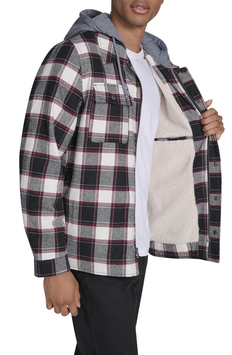 Levi's Plaid Faux Shearling Lined Jersey Hood Shirt Jacket, Alternate, color, Black/ Grey/ Bordeaux