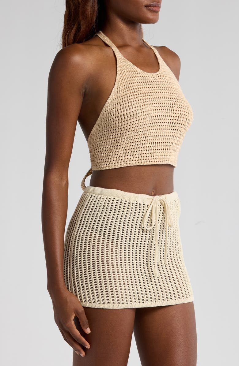 Elan Open Stitch Halter Crop Cover-Up Top, Alternate, color, Natural