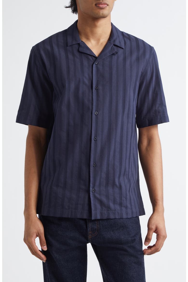 Embroidered Stripe Short Sleeve Camp Shirt, Main, color, NAVY