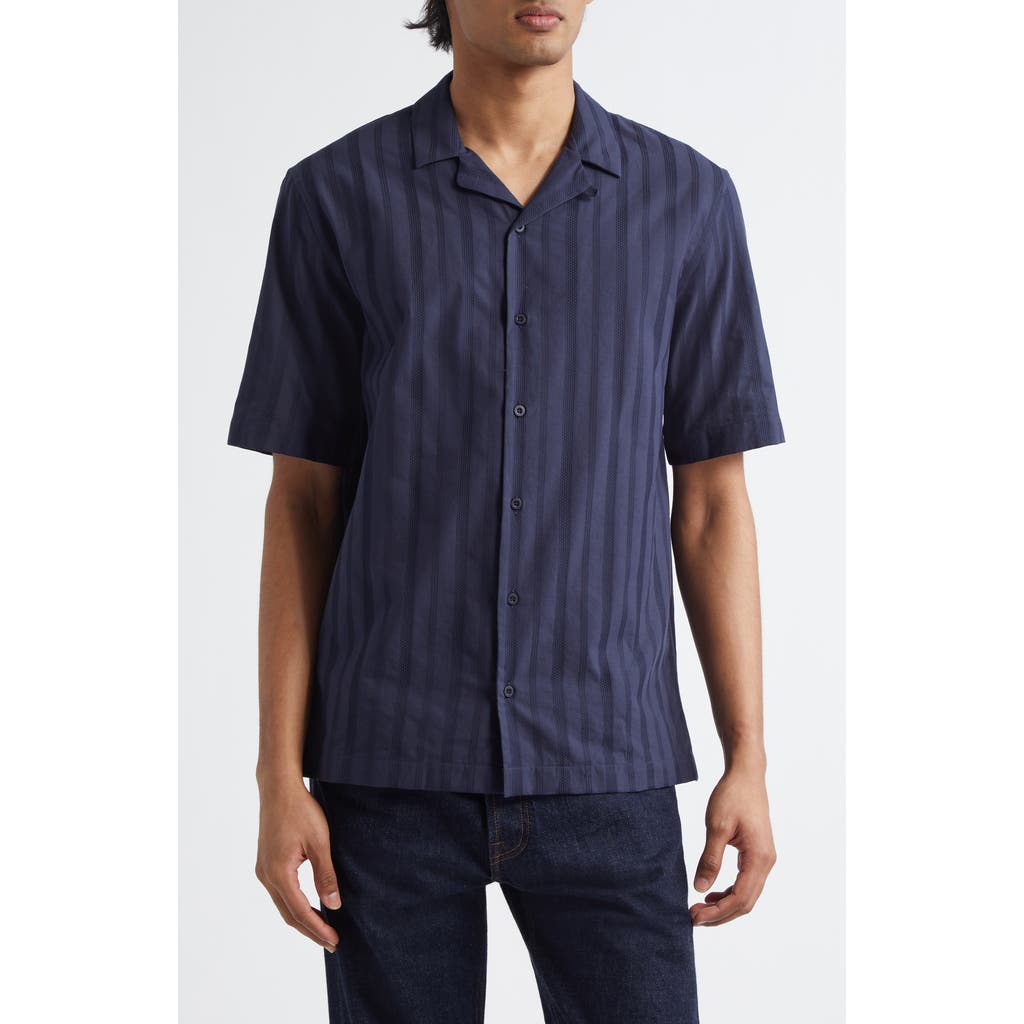 Sunspel Embroidered Stripe Short Sleeve Camp Shirt In Navy